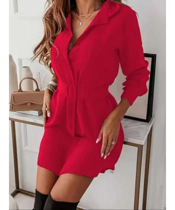 Kadın Uzun Kollu Yakalı Belden Kemerli Kıs Ithal Krep Elbise