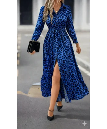 Kadın Uzun Kollu Yakalı Belden Kuşaklı Leopar Desenli Modal Uzun Elbise