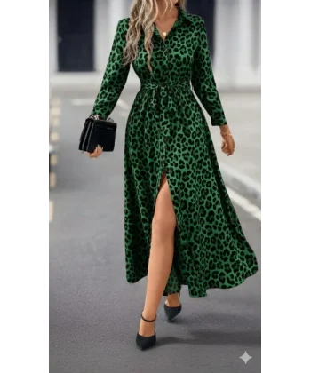 Kadın Uzun Kollu Yakalı Belden Kuşaklı Leopar Desenli Modal Uzun Elbise