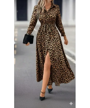 Kadın Uzun Kollu Yakalı Belden Kuşaklı Leopar Desenli Modal Uzun Elbise