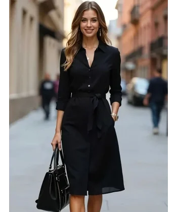 Kadın Uzun Kollu Yakalı Belden Kuşaklı Midi Trikoton Elbise