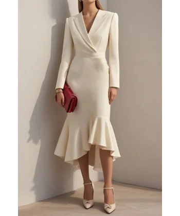 Kadın Uzun Kollu Yakalı Belden Oturtmalı Midi Ithal Krep Elbise
