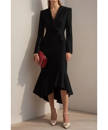 Kadın Uzun Kollu Yakalı Belden Oturtmalı Midi Ithal Krep Elbise