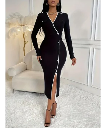 Kadın Uzun Kollu Yakalı Cepli Düğmeli Yırtmaç Detaylı Modal Uzun Elbise