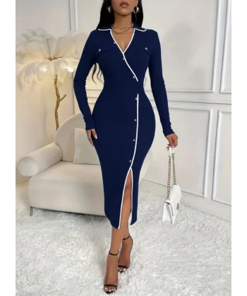 Kadın Uzun Kollu Yakalı Cepli Düğmeli Yırtmaç Detaylı Modal Uzun Elbise