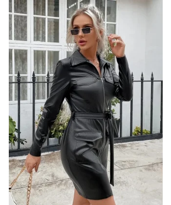 Kadın Uzun Kollu Yakalı Cepli önü Fermuarlı Mini Deri Elbise
