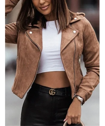 Kadın Uzun Kollu Yakalı Cıtcıtlı Fermuarlı Süet Ceket