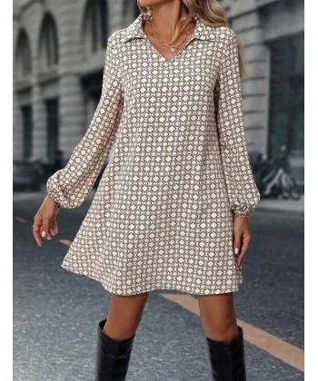 Kadın Uzun Kollu Yakalı Desenli Mini Modal Elbise