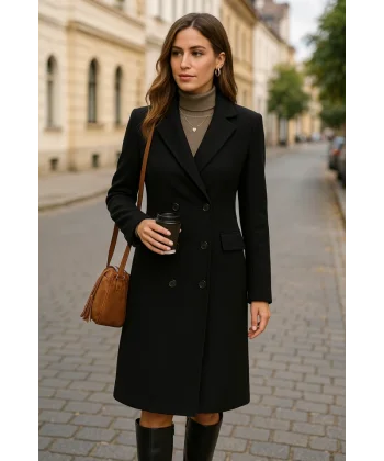 Kadın Uzun Kollu Yakalı Düğme Ve Cepli Kaşe Kaban