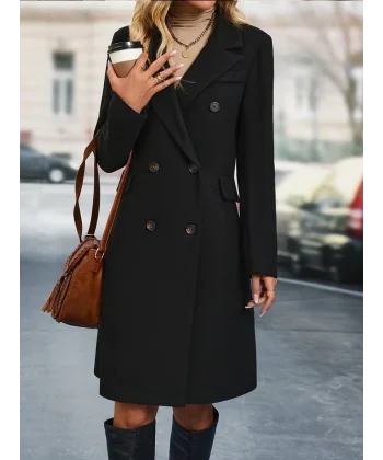 Kadın Uzun Kollu Yakalı Düğme Ve Cepli Kaşe Kaban