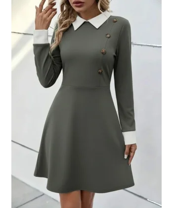 Kadın Uzun Kollu Yakalı Düğmeli çağla Yeşili Modal Mini Elbise