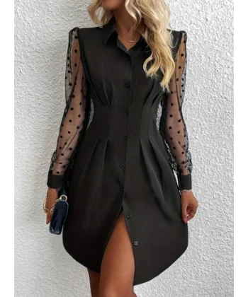 Kadın Uzun Kollu Yakalı Düğmeli Mini Ithal Krep Elbise