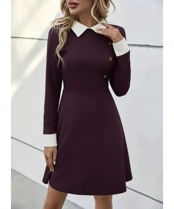 Kadın Uzun Kollu Yakalı Düğmeli Mürdüm Modal Mini Elbise