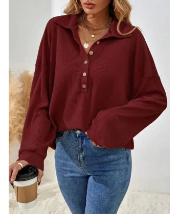 Kadın Uzun Kollu Yakalı Düğmeli Salaş Waffle Bluz