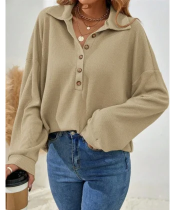 Kadın Uzun Kollu Yakalı Düğmeli Salaş Waffle Bluz