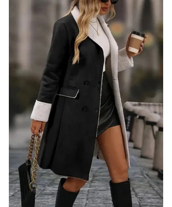 Kadın Uzun Kollu Yakalı Düğmeli Süet Mini Manto