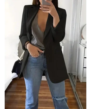 Kadın Uzun Kollu Yakalı Düğmesiz Cepli Atlas Blazer Ceket