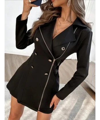 Kadın Uzun Kollu Yakalı Fermuarlı Düğme Detaylı Kısa Scuba Ceket