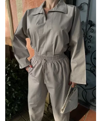 Kadın Uzun Kollu Yakalı Gömlek Pantalon Takım- Gri