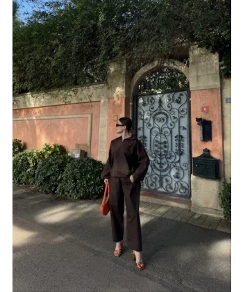 Kadın Uzun Kollu Yakalı Gömlek Pantalon Takım- Kahverengi