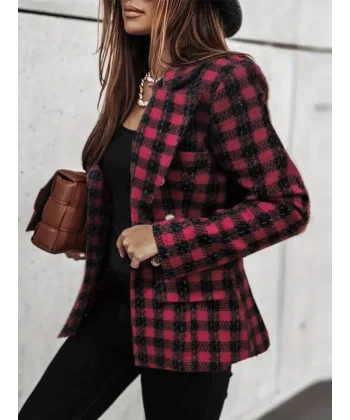 Kadın Uzun Kollu Yakalı Kare Desenli Ekoseli Düğmeli Ceket