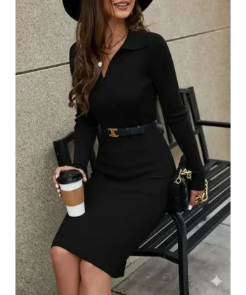 Kadın Uzun Kollu Yakalı Kısa Kaşkorse Elbise (Kemersiz)