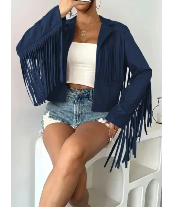 Kadın Uzun Kollu Yakalı Kısa Püsküllü Süet Ceket