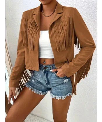 Kadın Uzun Kollu Yakalı Kısa Püsküllü Süet Ceket