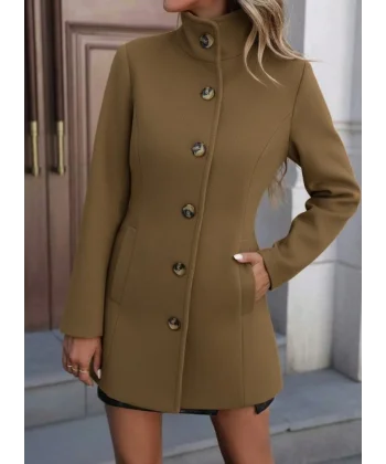 Kadın Uzun Kollu Yakalı önden Düğmeli Astarsız Ithal Kaşe Kahve Kaban