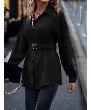 Kadın Uzun Kollu Yakalı önden Düğmeli Belden Kemerli Ithal Krep Bluz