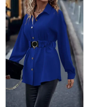 Kadın Uzun Kollu Yakalı önden Düğmeli Belden Kemerli Ithal Krep Bluz