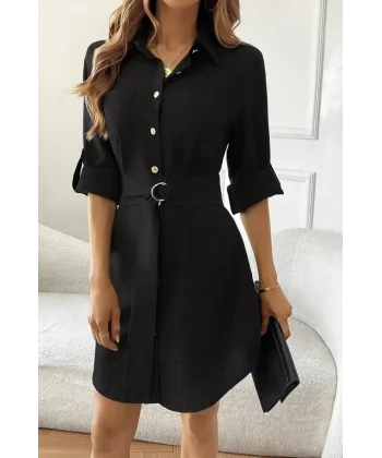 Kadın Uzun Kollu Yakalı önden Düğmeli Beli Kuşaklı Mini Ithal Keten Elbise