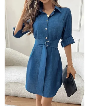 Kadın Uzun Kollu Yakalı önden Düğmeli Beli Kuşaklı Mini Ithal Keten Elbise