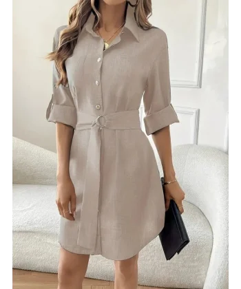 Kadın Uzun Kollu Yakalı önden Düğmeli Beli Kuşaklı Mini Ithal Keten Elbise