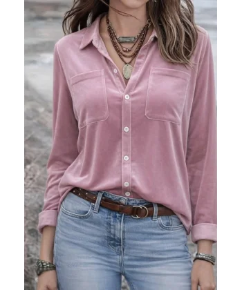 Kadın Uzun Kollu Yakalı önden Düğmeli Cep Detaylı Kadife Gömlek