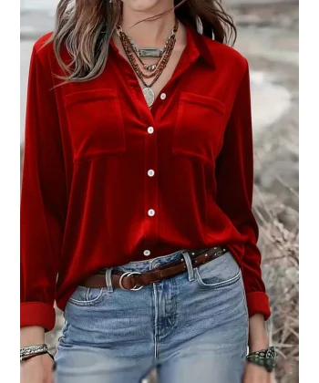 Kadın Uzun Kollu Yakalı önden Düğmeli Cep Detaylı Kadife Gömlek