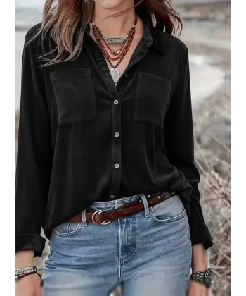 Kadın Uzun Kollu Yakalı önden Düğmeli Cep Detaylı Kadife Gömlek