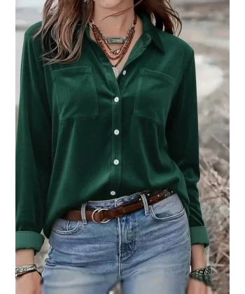 Kadın Uzun Kollu Yakalı önden Düğmeli Cep Detaylı Kadife Gömlek