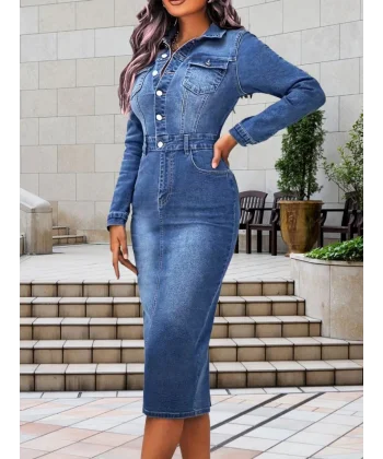 Kadın Uzun Kollu Yakalı önden Düğmeli Cepli Kot Midi Elbise