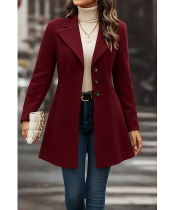 Kadın Uzun Kollu Yakalı önden Düğmeli Kısa Kaşe Kaban