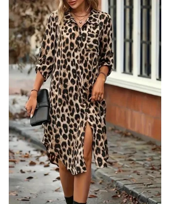 Kadın Uzun Kollu Yakalı önden Düğmeli Leopar Desenli Modal Midi Elbise