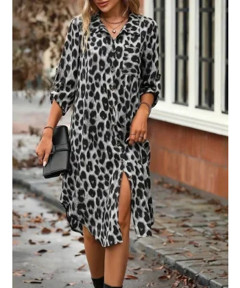 Kadın Uzun Kollu Yakalı önden Düğmeli Leopar Desenli Modal Midi Elbise