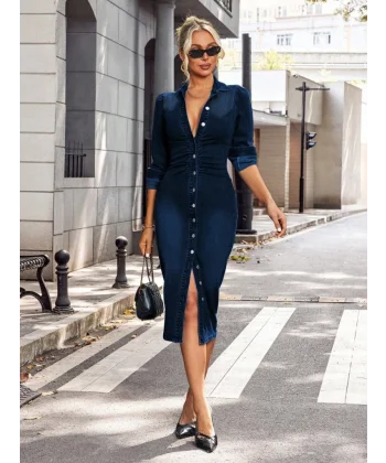 Kadın Uzun Kollu Yakalı önden Düğmeli Midi Kot Elbise