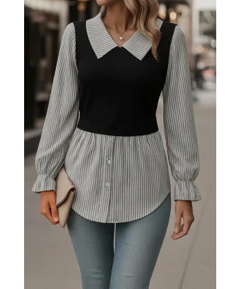 Kadın Uzun Kollu Yakalı önden Düğmeli Ottoman Bluz