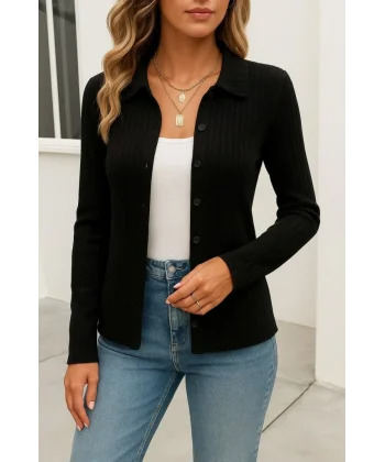 Kadın Uzun Kollu Yakalı önden Düğmeli Triko Ceket