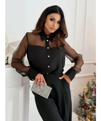 Kadın Uzun Kollu Yakalı önden Düğmeli Tül Detaylı Dokuma Viskon Bluz