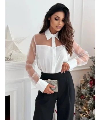 Kadın Uzun Kollu Yakalı önden Düğmeli Tül Detaylı Dokuma Viskon Bluz