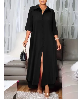 Kadın Uzun Kollu Yakalı önden Düğmeli Uzun Dokuma Elbise