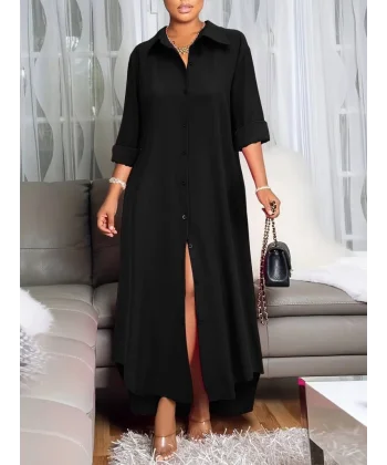 Kadın Uzun Kollu Yakalı önden Düğmeli Uzun Dokuma Elbise