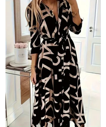 Kadın Uzun Kollu Yakalı önden Düğmeli Uzun Süprem Elbise